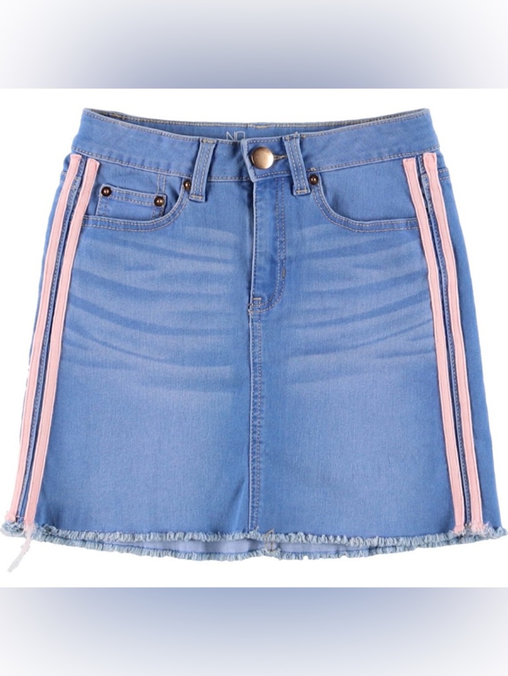 Nobo Blue Denim Skirt with Pink Stripe mid rise size 9 zipper button pockets